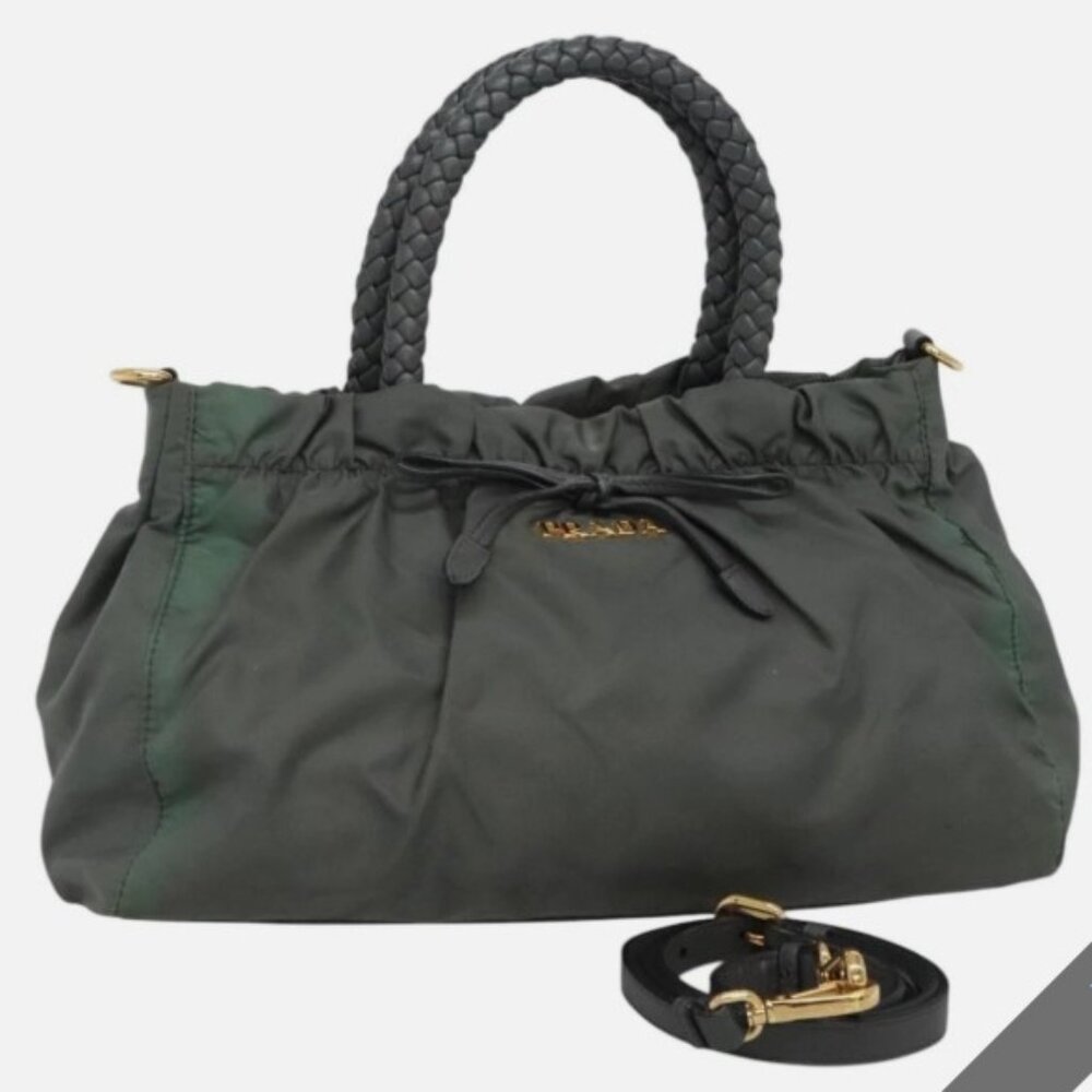 Prada Bow Tessuto Nylon and Leather Green/Gray Shoulder/Handbag 2-Tone w/COA
